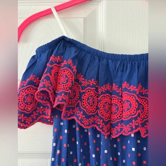 NWT Lilly Pulitzer XS Off The Shoulder Blue Pink Embroidered Kalama Mini Dress - Picture 10 of 11